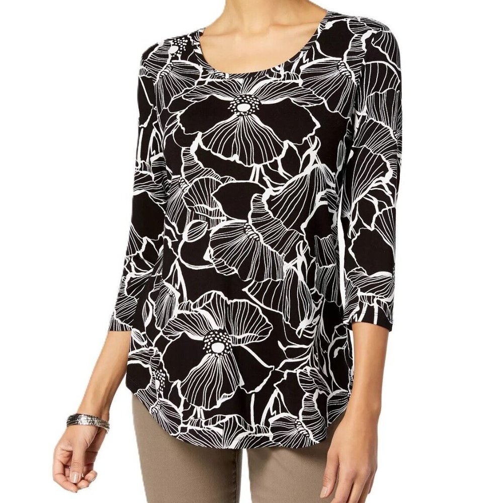 JM Collection Womens XS Black White Bloom Floral Printed Relaxed Fit To NWT AU85